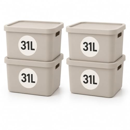 Plastard Aufbewahrungsbox mit Deckel 4er-Set 31 Liter in Beige | BPA-Freie Ordnungsbox für Küche, Bad, Büro, Kinderzimmer, Robuste Stapelbare Kunststoffbox, 46 x 34 x 26 cm, Ordnungskiste