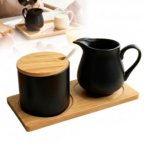 PORFOYO Milch und Zucker Set mit Deckel und Löffel, Keramik Milchkännchen mit Holz Tablett, Barista Zuckerdose, Sugar and Creamer Set, Spülmaschinen und Mikrowellengeeignet, Schwarz