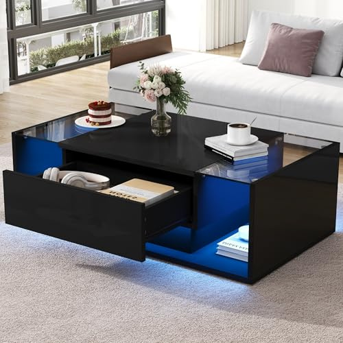 FammyLoft Rechteckig Couchtisch mit Stauraum, Wohnzimmertisch mit Schublade und LED-Lichtleiste, Beistelltisch aus Gehärtetem Glas, Tisch Wohnzimmer mit Minimalistischem Design, Schwarz
