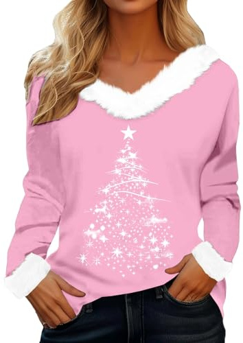 PAIDAXING Christmas Tops for Women UK Fashion Sparkly Christmas Tree Printed Jumpers Plush Fur Collar V Neck Pullover Sweatshirt Ladies Casual Long Sleeve Shirts Tops Fahion Xmas Clothes Outfits