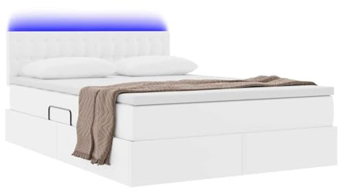 vidaXL Bett mit Stauraum und LED Reinweiß 140 x 200 cm Kunstleder, Moderner Stauraum-Bett, rechteckige Form, Bequeme Matratze, praktische Hydraulik, vielseitiges Möbel für Erwachsene