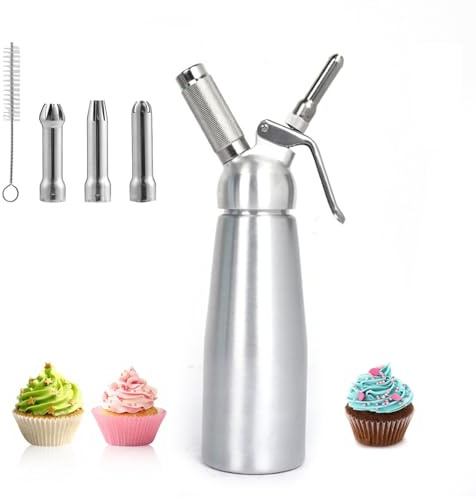 umyeoqoyo Sahnespender-250ml, Sahnesyphon Edelstahl mit 3 Dekorations-Düsen und 1 Reinigungsbürsten, Edelstahl Sahnespender für Cremes und Soßen