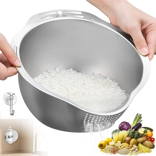 Scolapasta in Acciaio Inox per Riso con Beccuccio, Ciotola per il Lavaggio del Riso con Setaccio Laterale, Colino da Cucina Multifunzione per Lavare e Scolare Quinoa, Frutta, Verdura, Fagioli, Cereali