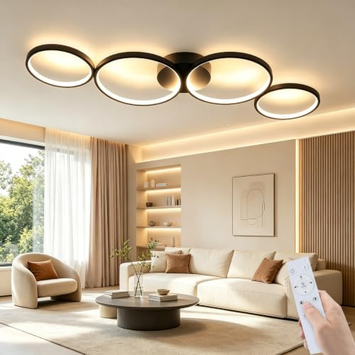 GBLY LED Deckenlampe Wohnzimmer Deckenleuchte Dimmbar 88cm 4 Ring groß | Wohnzimmerlampe 55W Schwarze Modern Schlafzimmerlampe Ringoptik mit Fernbedienung Dekorative Schlafzimmer Büro Arbeitszimmer