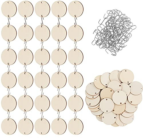Belle Vous 100 Stück Natürliche Runde Holzscheiben zum Basteln mit S-Haken - 3,4cm - 2,5mm Kleine Holzscheiben Rund - DIY-Basteln, Hochzeits Deko, Weihnachtsdekorationen & Ornamente
