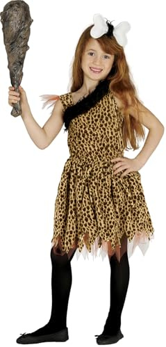 FIESTAS GUIRCA | Höhlenmensch Kostüm für Kinder - Kleid und Knochen - Prähistorische Kostüme für Halloween, Karneval und Kostümpartys - Ideal für Mädchen
