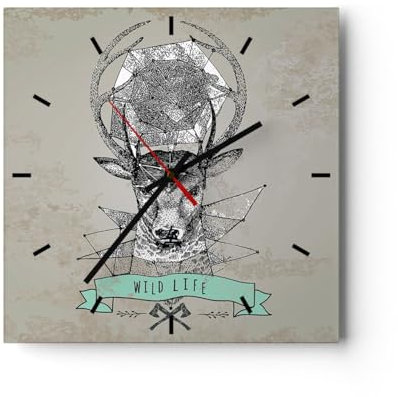Modern Wanduhr Hirsch Geweih Wald 30x30cm Quadrat Klein Wand Uhr Glas Analog Zimmeruhren Küche Büro Wohnzimmer Glasuhr Wall Clock Dekoration Design Wanddekoration Küchenuhr C3AC30x30-3072