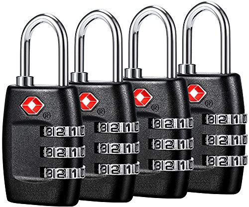 TSA Gepäckschlösser (4 Stück) – 3-stellige Zahlenkombinationsschlösser – zugelassenes Reiseschloss für Koffer und Gepäck (schwarz)