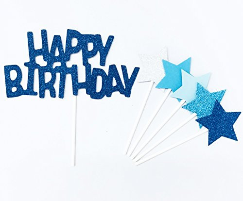 AILEXI Handgefertigtes Kuchendekorationsset, Motiv: 6 Grafen Happy Birthday, Glitzer, für Kuchen, Cupcakes, Eiscreme, Happy Birthday, Blau