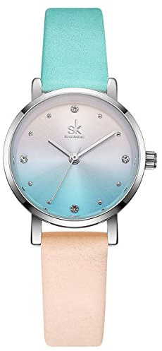 Alienwork Kinderuhr Mädchen Silber Lederarmband Blau Pink Elegant