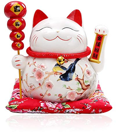 Mkuha Maneki Neko Winkekatze Glückskatze Glücksbringer Winkende Katze aus Porzellan,Weiß L26*W19*H23cm, A