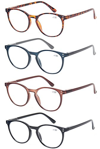 4 Pack Retro Round Reading Glasses Men Women Spring Hinges Lightweight Quality Readers (0.5, 4 Pack Mix Color)