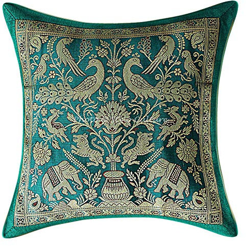 Stylo Culture Indio Fundas Almohadones Decorativa 30x30 cm Brocado De Seda Elefante Fundas para Cojines Sofa Verde Esmeralda Jacquard Cuadrado Cremallera Fundas Almohadones para Sillas - 1 Pc