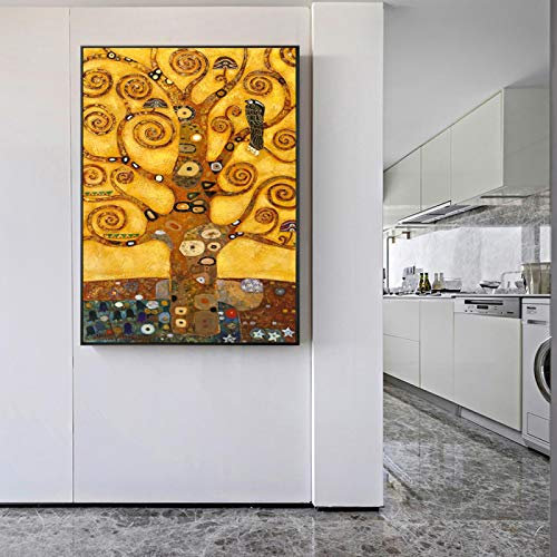 HSFFBHFBH Gustav Klimt Baum des Lebens Wandkunst Leinwanddrucke Lebensbaum Berühmte Malerei Replik Gustav Klimt Leinwand für Wohnzimmer 70x90cm Innenrahmen