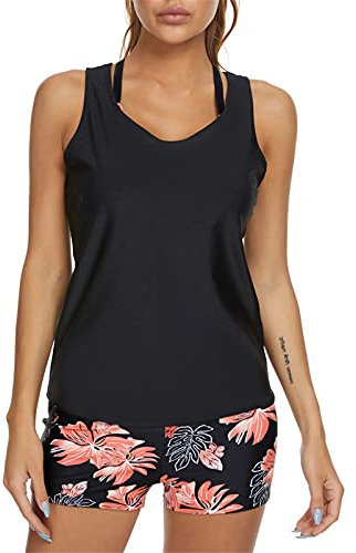 Women's Three Piece Tankini Swimsuit Floral Tank Top Bikinis Padded Swimwear with Boyshorts Black S