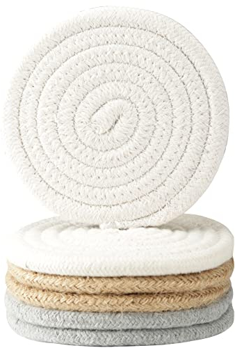 Lot de 6 dessous de verre tissés vintage pour la protection de la table, absorbant l'eau, dessous de verre en tissu tressé fait à la main résistant à la chaleur (jaune brunâtre, gris clair, beige, 6)