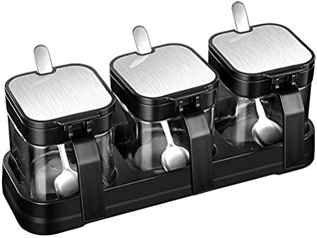 Ensemble de boîte d'assaisonnement en Verre, récipient d'assaisonnement pour boîte à Condiments avec cuillère à Couvercle et Bocal à épices Peu encombrant pour Les Gadgets de Cuisine