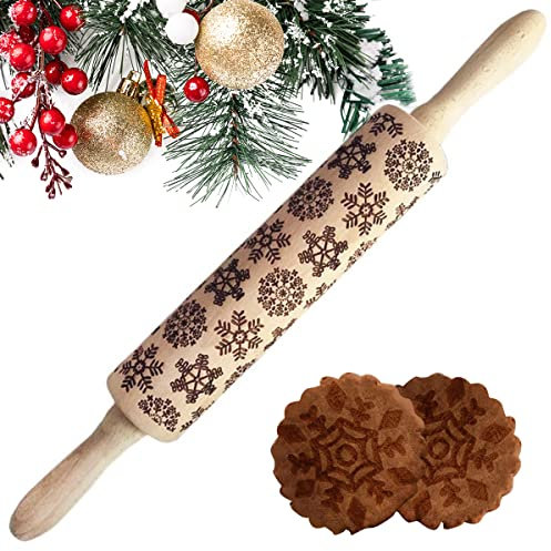 Rouleau à Pâtisserie en Bois, XiXiRan Rouleau a Patisserie de Noel, Rouleau a Patisserie en Bois Grave, Noël Rouleau à Pâtisserie en Relief, Gaufrage Rouleau a Patisserie 3D Motif, Rouleau Gravé