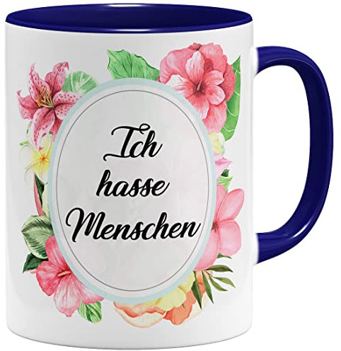 OM3® Ich hasse Menschen Tasse mit Spruch/Statement Flower Blumen | Keramik Becher | 325ml | Beidseitig Bedruckt | Dunkelblau