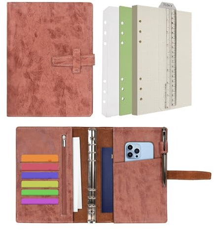 Wonderpool A5 Leder Ringbuch Tagebuch Notizbuch Organizer Ordner - Nachfüllbar Gepunktetes Papier und Multi Taschen für Business Studium Reisen (A5, Braun)
