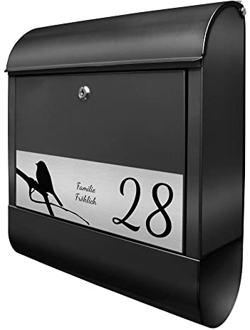 banjado® Briefkasten personalisiert mit graviertem Namensschild in Silber/Briefkasten schwarz 39x47x14cm / Briefkasten mit Hausnummer, Namen & Motiv Früher Vogel/Briefkasten mit Zeitungsfach