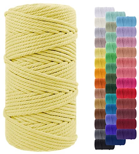 LEREATI Macrame Cord 5mm x 100m, Thick Macrame Rope Yarn Natural Cotton Cord, 4 Strand Twisted Colored String for Wall Hanging Plant Hanger DIY Crafts Boho Decor (Light Yellow)