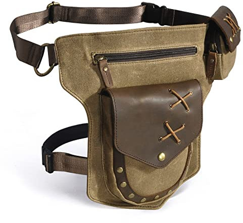 Le'aokuu Herren Canvas und Echtleder Wasserdichte Hüfttasche Umhängetasche Brusttasche Bauchtasche Hüfttasche Taschen Gürteltasche 211-8 (Braun)