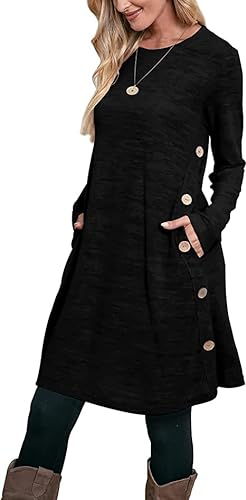 Aokosor Strickkleid Damen Langarm Kleider Pulloverkleid für Damen Tunika Kleid Jumper Kleid mit Knöpfen und Taschen Schwarz M