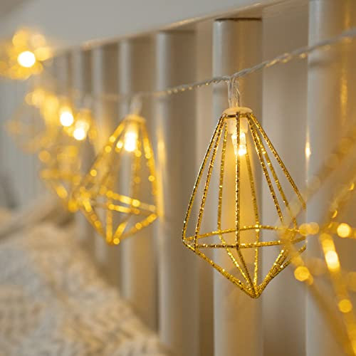 10 LED Gold Diamond Fairy Light – Warm White String Light – Battery Powered Geometric Retro Fairy Light – Battery Operated Home Vintage String Light – Indoor Party Home Decor Lighting