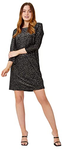 Roman Originals Shimmer Animal Print Velvet Dress for Women UK - Ladies Everyday Holiday Autumn Winter Pull-On Boat Neck 3/4 Length Sleeves Comfy Soft Vacation Work