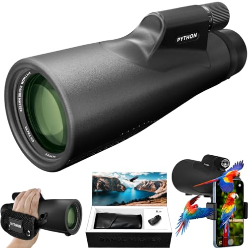 Python 12x52 Range Master Ultra HD Monokular Teleskop High Powered für Erwachsene mit Smartphone Adapter, Ledertasche, Handschlaufe - Monokular für Sternenbeobachtung, Vogelbeobachtung, Wildtierjagd,