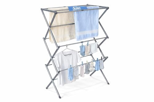 KAV 3-Tier Silver Expandable Clothes Airer, 48–73 cm Adjustable Drying Rack with 11m Line, Foldable Lightweight Metal Indoor Outdoor Laundry Dryer, 10kg Load Capacity