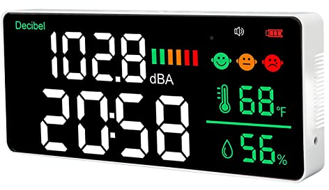 4 in 1 Dezibel-Messgerät, Wand-Schallpegelmesser mit Zeit-, Luftfeuchtigkeits- und Temperaturmesser, 11 Zoll LED-Display Klassenzimmer Lärm-Messgerät für Haus, Studio, Fabrik