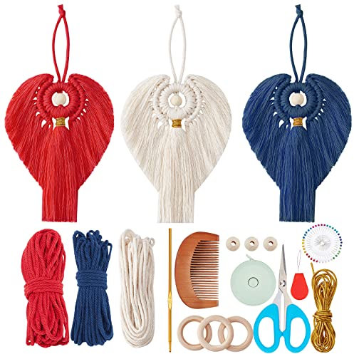 FREEBLOSS 3 Satz DIY Makramee-Engel-Bausatz DIY-Makrame-Ornament-Bausatz Makramee-Zubehör Makramee hängendes Ornament Makramee Dekor Makramee Ornament für Tasche für erwachsene Anfänger mit Anleitung