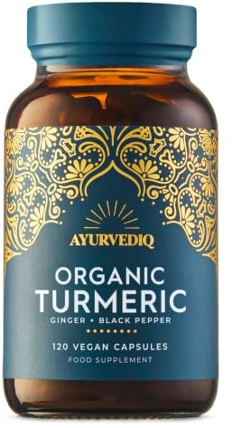 Ayurvediq Organic Turmeric 670mg with Ginger and Pepper, 120 Vegan Capsules | Curcuma Longa, Whole Root Powder, Soil Association Certified, Karnataka Grown, Amber Glass Bottle, No Fillers