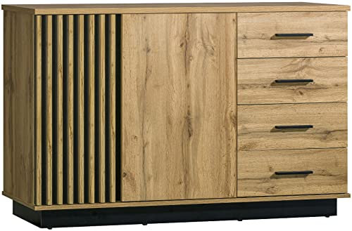 MINIO go for it - Kommode mit Schubladen und Türen Lamia, Sideboard 141cm Breit, Sideboard Wohnzimmer Möbel, Schlafzimmer, Kommode Schlafzimmer, Schubladenkommode, Wotan Eiche/Schwarz Matt