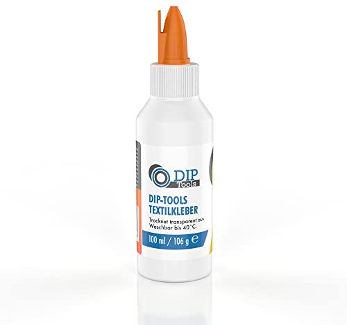 DIP-Tools Colle textile lavable en machine, pour textiles, tissus, polyester, jeans, extra forte, transparente et imperméable, sans résidus, sans odeur, sans solvant (250 ml)