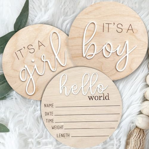 3ps Holzschild It's a Boy It's a Girl & Hello World - Gender Reveal, Acryl Boy or Girl Ankündigung Geburt Ankündigung für Krankenhaus, He or She Fotografie Requisite, Boho Geschlecht Enthüllung