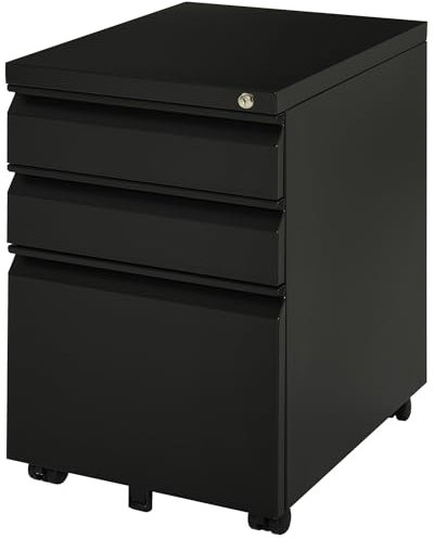 Vinsetto 3-Drawer Filing Cabinet, Mobile Metal File Cabinet with Lock and 5 Wheels for A4/Legal/Letter Sized Hanging File Folders, Under Desk Drawers, Pre-Assembled Body, 39 x 48 x 60 cm, Black