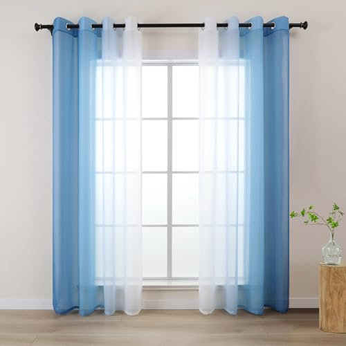 L.Z.E Vorhänge Gardine mit Farbverlauf Vorhang Blau Weiß für Wohnzimmer Kinder Mädchen Schlafzimmer Fenster Transparent mit Ösen 2er Set Voile Gardinen Schal 140 x 225 cm Kurz (LZE2220E-BL225)