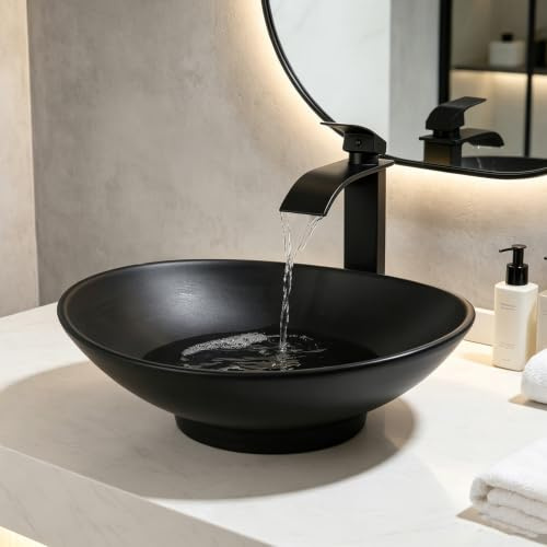 MEKKHALA Black Oval Bathroom Vessel Sink with Faucet and Drain Combo - 16x14 Matte Black Stone Resin Bowl Sink for Above Counter Vanity