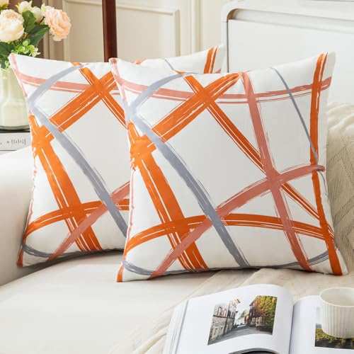 Jayusaror Housses de Coussin 40x40 Orange Gris Velours Coussin Canape Géométriques Housses Coussin Décoratives d'automne pour Canapé-lit Canapé Décoration Salon Chambre, Lot de 2