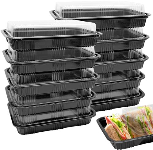FORYNXHWIN Pack of 10 Sandwich Platter Trays With Lids Black - Reusable PET Plastic Food Trays, Meal Prep Serving Trays for Buffet, Catering, Sushi, Outdoor, Family Party (25.5cm x 20cm x 6cm)