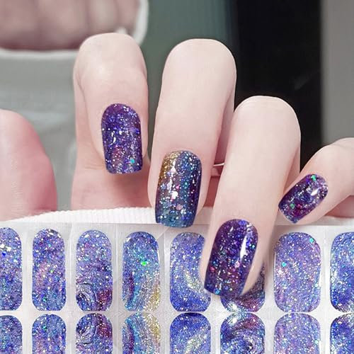 Semi Cured Gel Nail Strips, 22 Pcs Self-Adhesive Nail Wraps, Durable Gel Stickers, DIY Manicure Kit, Long-Lasting Salon Look, Easy Application with UV/LED Lamp, Glossy Finish (Purple Glitter)