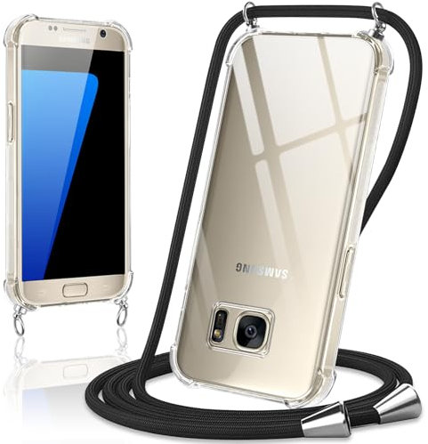 Coiwxmoi Handyband Handyhülle für Samsung Galaxy S7 Hülle mit Band 5,1,Transparent Case mit Kette Abnehmbar zum Umhängen Kordel Schutzhülle,Weich Silikon TPU Stoßfest Cover für Samsung S7,Schwarz