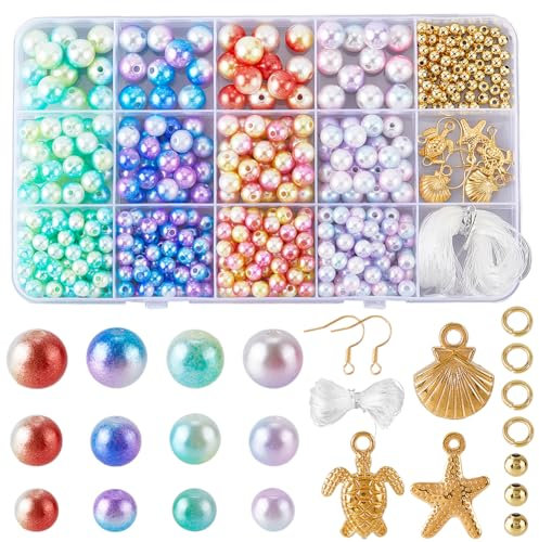 SOFPLATE 1 Box 695Pcs Iridescent Pearl Beads Bulk Friendship Bracelets Beads Kit Shell Starfish Turtle Jump Rings Earring hooks Elastic String Rainbow Bead for Bracelets Jewellery Making DIY Crafts