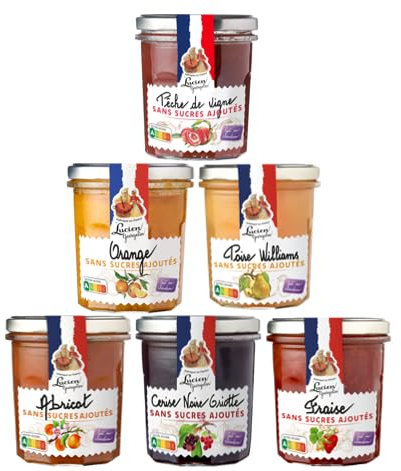 LOT DE 6 POT 320G DE PREPARATIONS DE FRUITS SANS SUCRE AJOUTE PANACHE LUCIEN GEORGELIN (Abricot, Cerise noire, Fraise, Orange, Poire, Pêche de vigne)