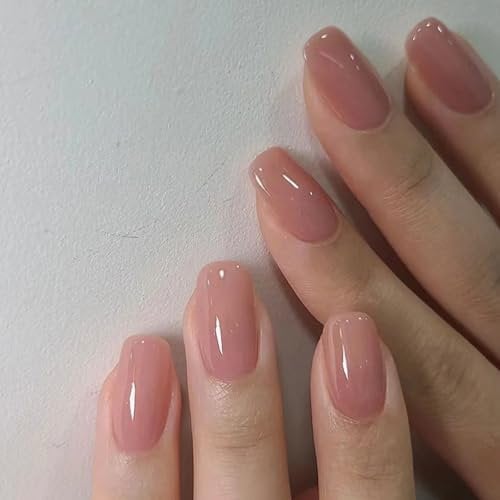 24PCS Nude Pink Press on Nails Short Square False Nails - Glossy Natural Pink Fake Nails Press Ons - Reusable Full Cover Stick on nails with Glue Stickers for Women Girls Nail Art DIY
