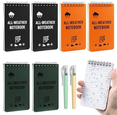 6 Stück Wasserdicht Notizbuch Klein, A7 Mini Wasserdichtes Notizblock mit Stift, Pocket Notebook Wasserfestes Spiralbindung Notebook Kleine 50 Blatt für Reisen,Schule,Arbeit (Schwarz&Grün&Orange)