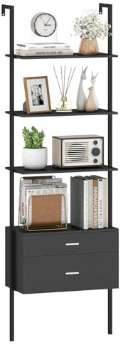 COSTWAY Libreria a Scala 184 cm, Scaffale da Parete a 6 Ripiani con 2 Cassetti e Struttura in Metallo, Ripiano Espositivo Aperto Moderno per Soggiorno Studio Ufficio, 60 x 30 x 184 cm (Nero)